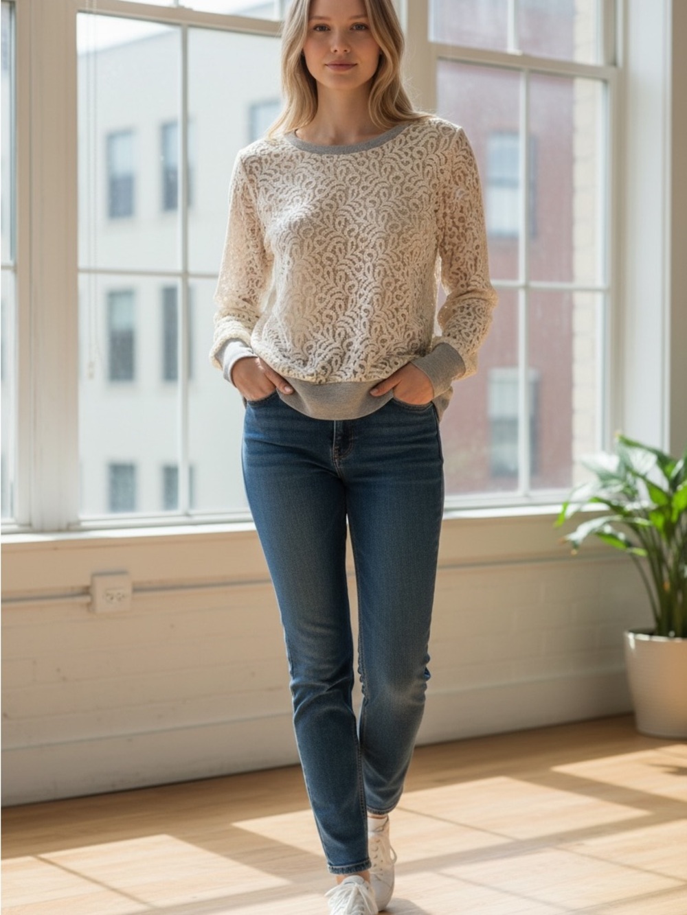 Anthropologie Bordeaux Lace Grey/Ivory Sweatshirt Top Small/S Girly coquette Y2K
